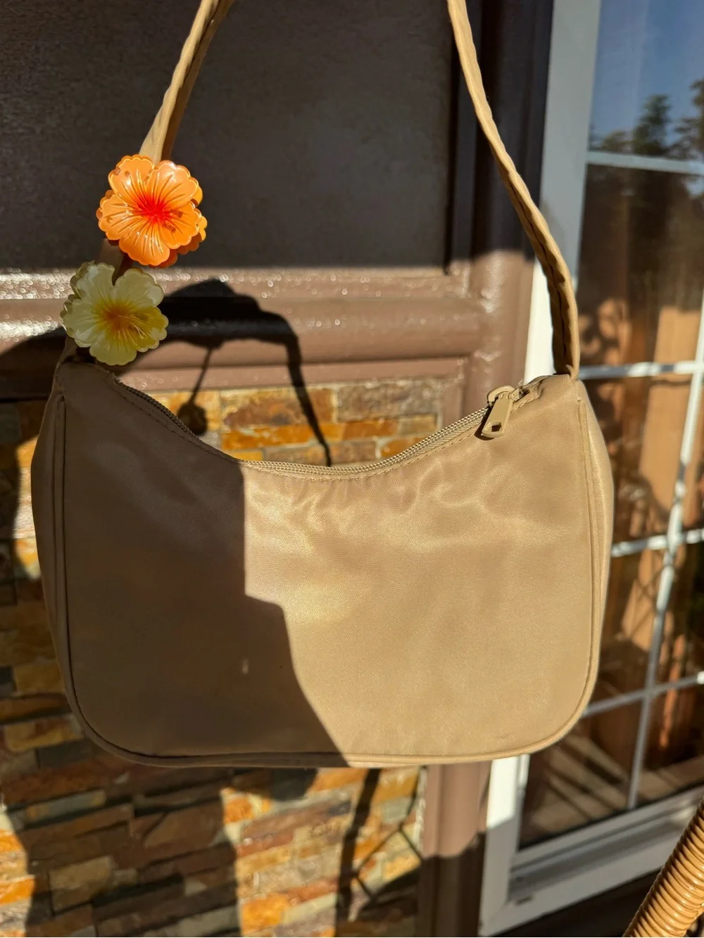 Neutral Beige Shoulder Bag with Floral Clips - Women's Shoulder Handbag